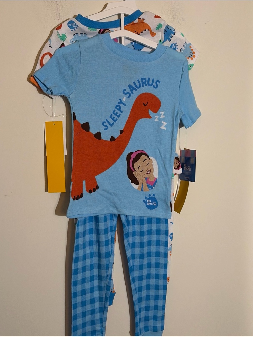 Blue 'Sleepy-Saurus' Kids Pajama Set with Plaid Pants